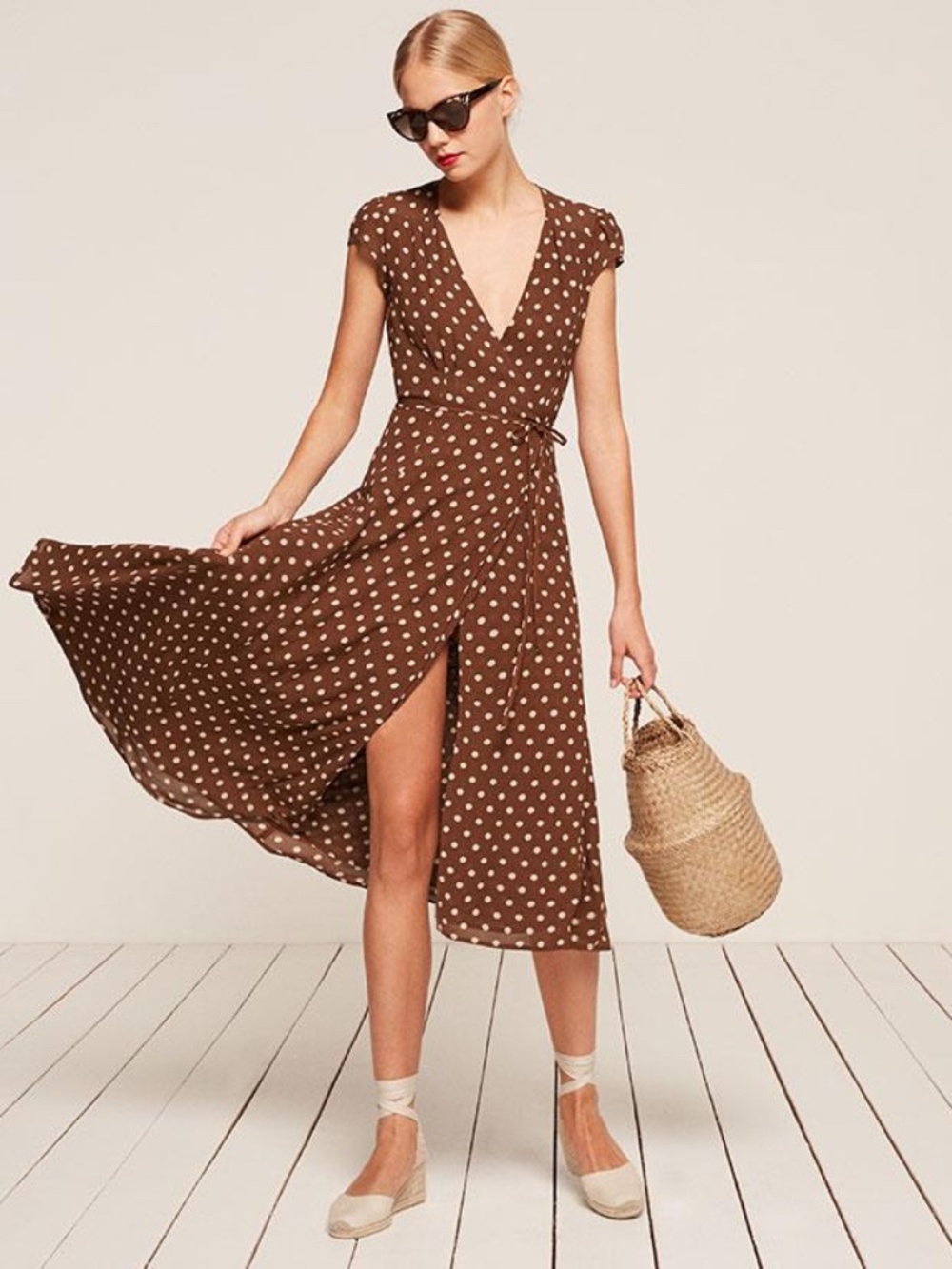 Reformation carina dress in brown polka dot